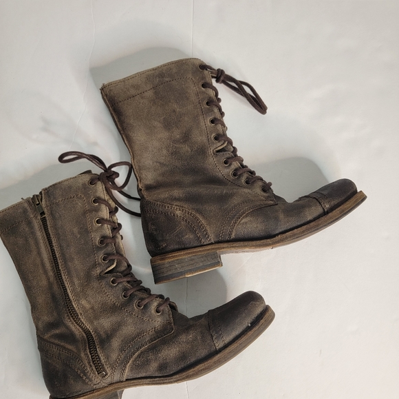Allsaints 38/8 Distressed Military Combat Boots Leather Suede Faux Fur Lined - Picture 4 of 10